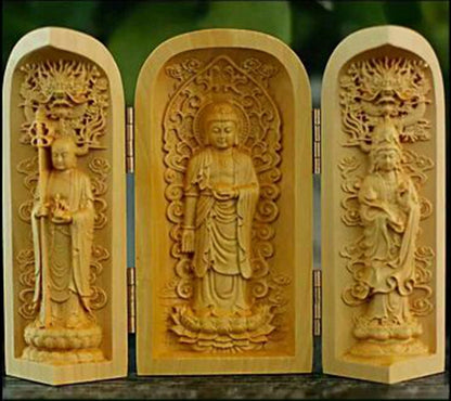 CHINESE 100% hand Woodcarving Buddha Boxwood shrine posuo sansheng A1