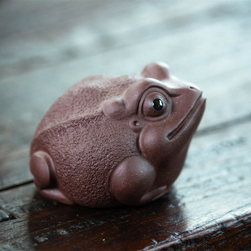 2.44" Chinese Purple Clay Tea Pet Lucky Golden Toad Statue Ornaments Handmade
