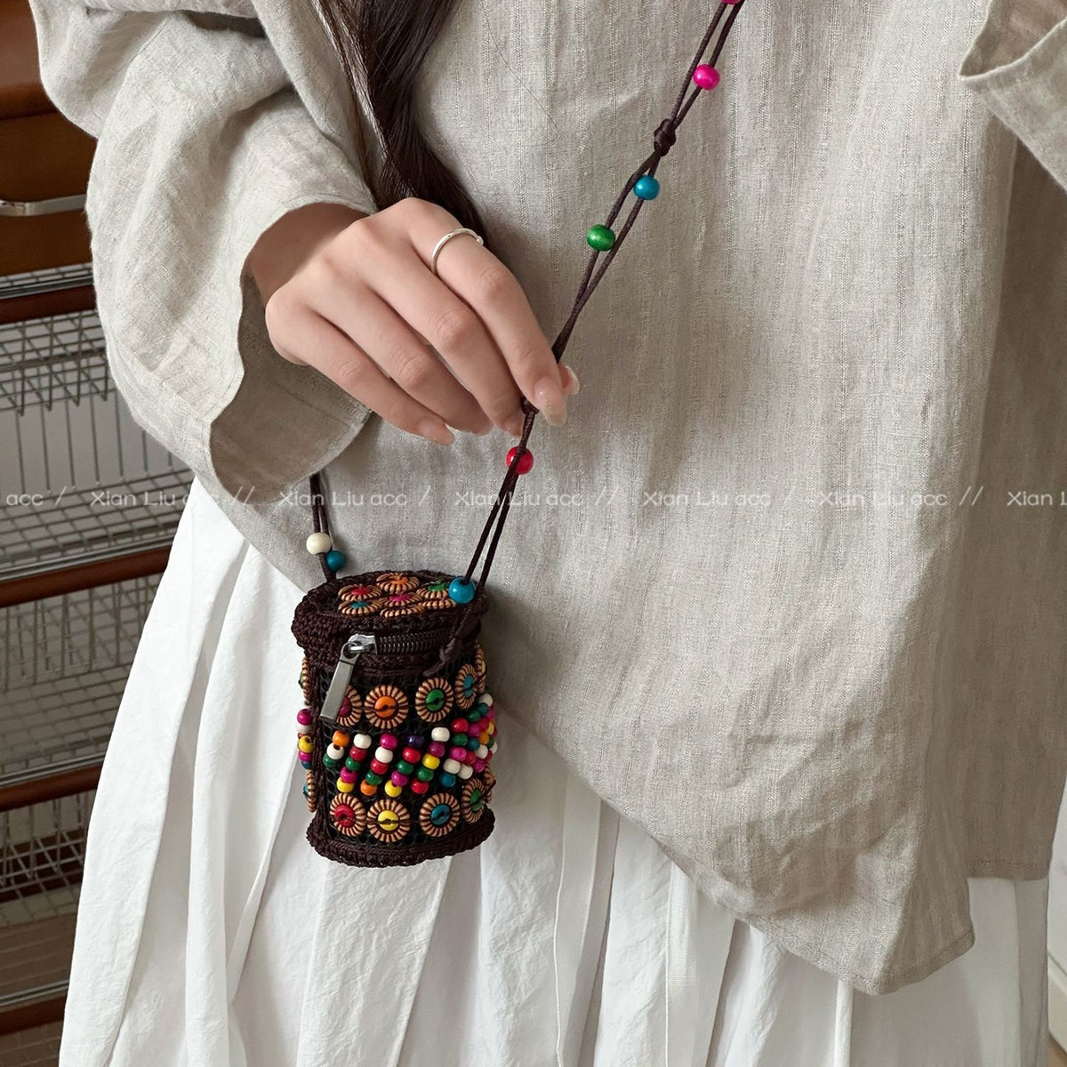 Bohemian Colorful Floral Woven Coconut Shell Mini Crossbody Bag