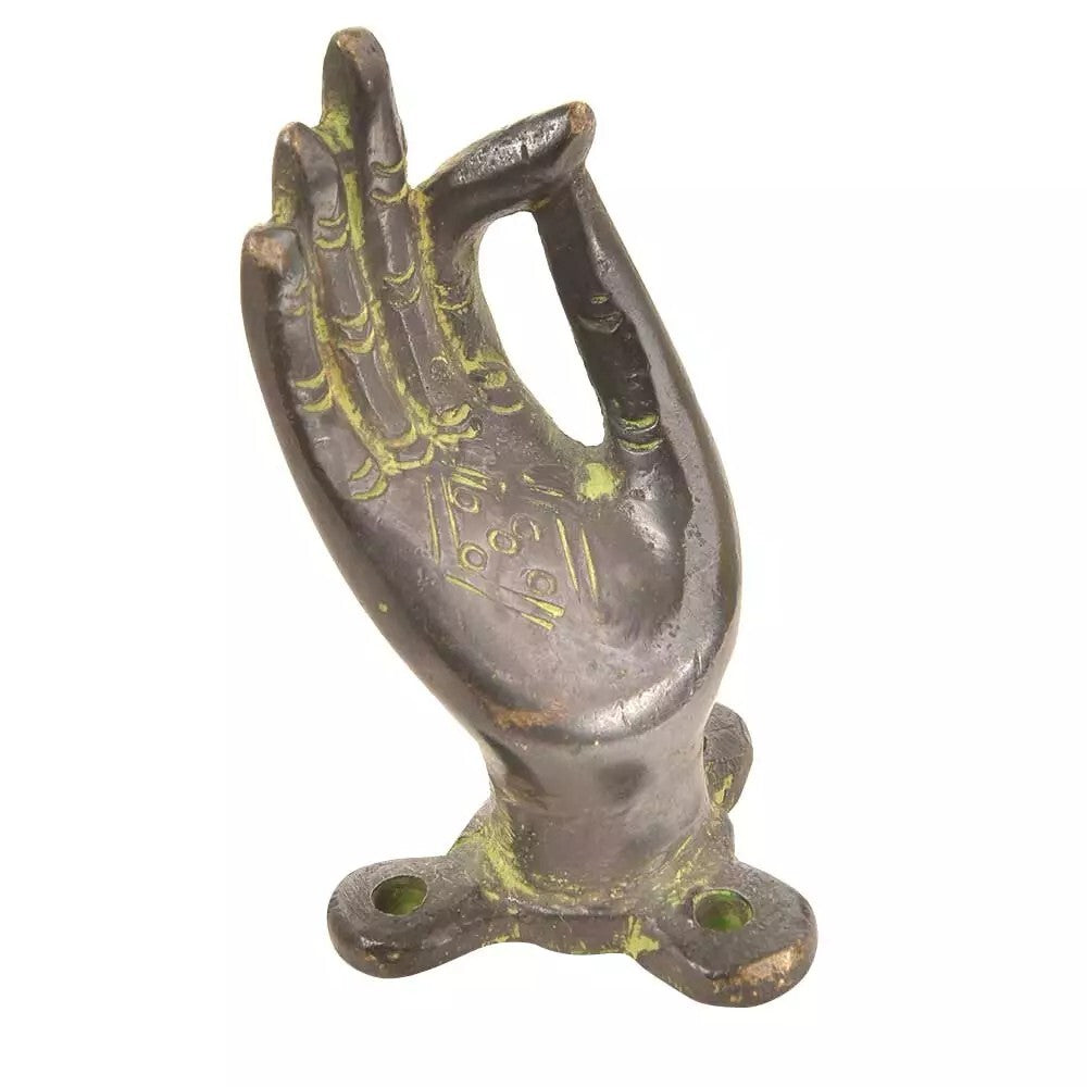 Set of 2 Antique Look Patina Brass Door Handles With Buddha Meditating Hand