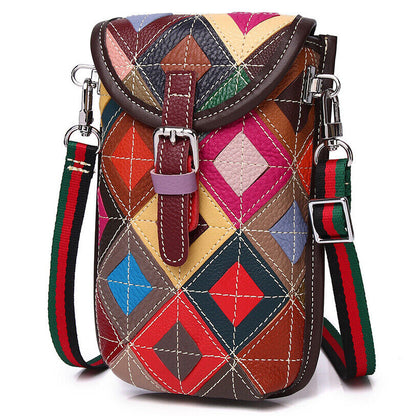 Real Leather Colorful (random) Patchwork Women's Sling Shoulder Bag Phone Holder