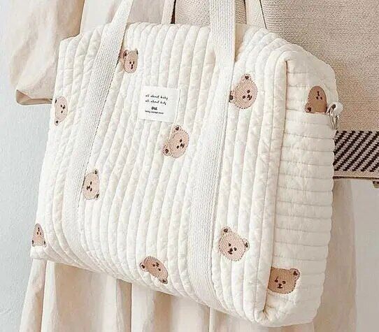 Flower Embroidery Pattern Baby Beige Zipper Diaper Handbag Luggage Bag