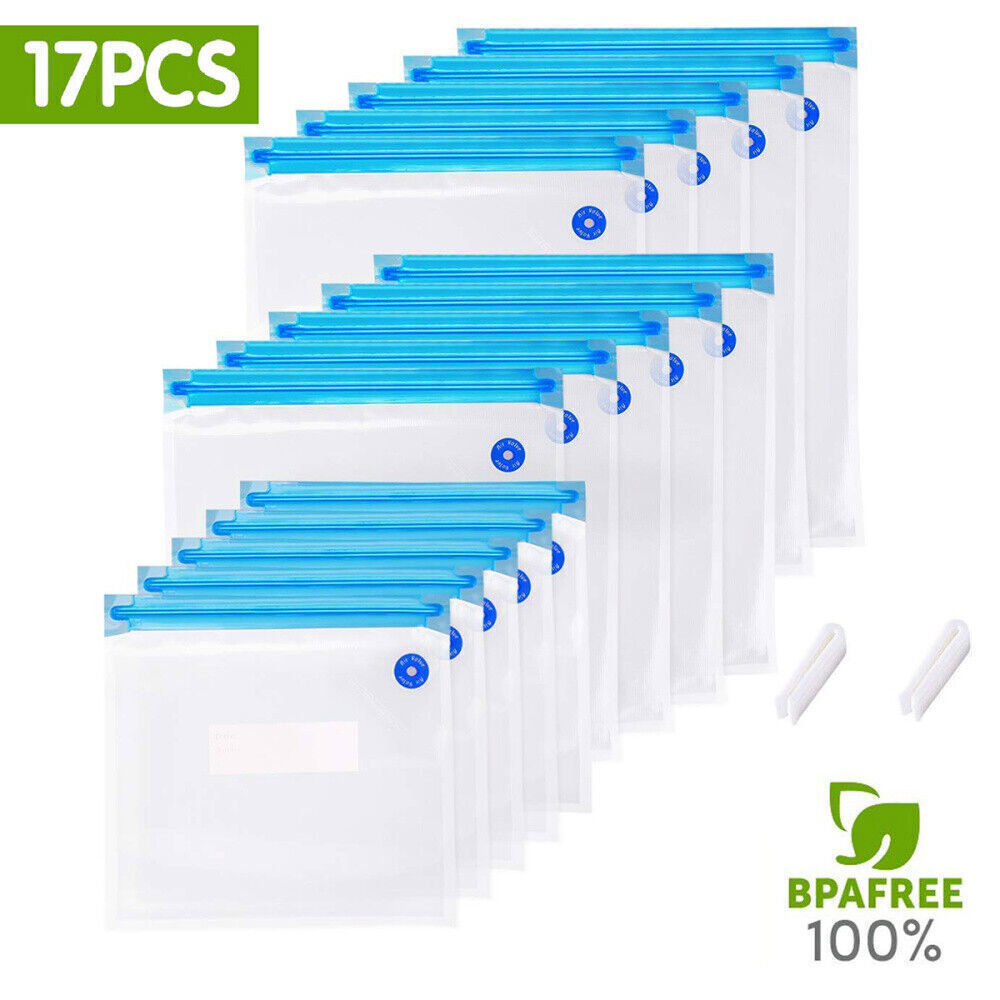 17pcs/set Reusable Vacuum Bag Food Saver Sealer Ziplock Storage Seal Pouch Bags