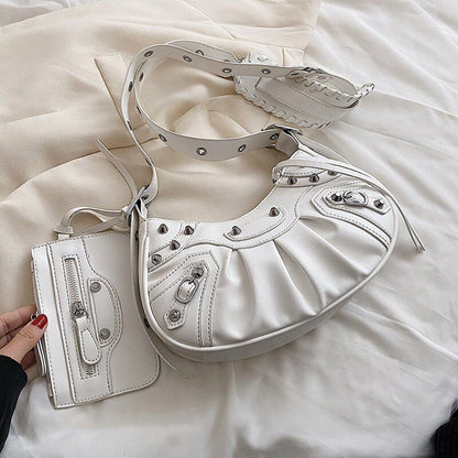 Half Moon Shape Leather Armpit Crossbody Bag Punk Style Vintage Handbag 2Pcs/set