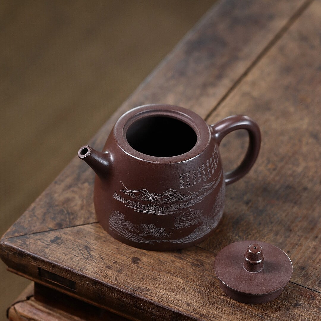Handmade Tea Pot Marked 9 Infuser Holes Mountain Engraved Yixing Zisha Clay Pot