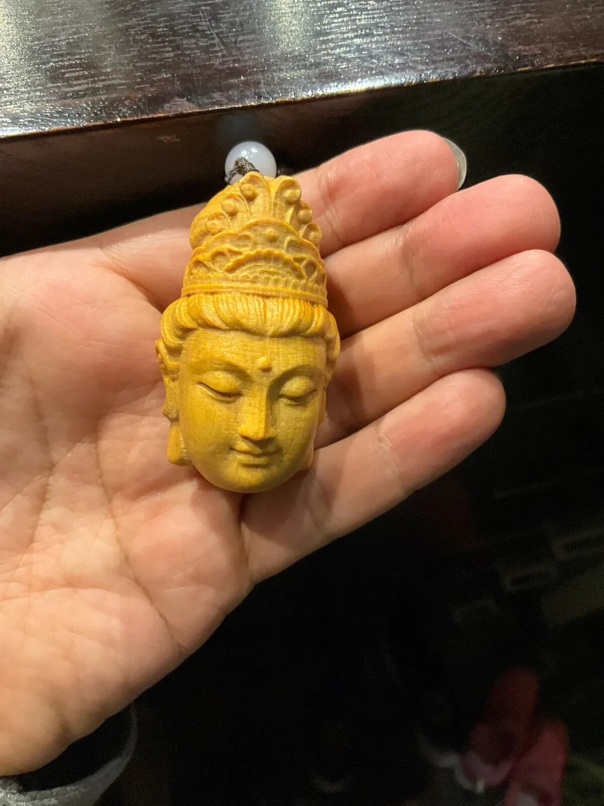 2.3" Natural Wood Carving Artware Avalokitesvara Pendant Men Lucky Hand Statue