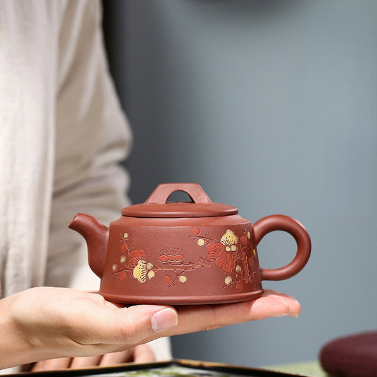 China Yixing Zisha Pottery Plain Cement Clay Handmade 200cc Plum Blossom Teapot