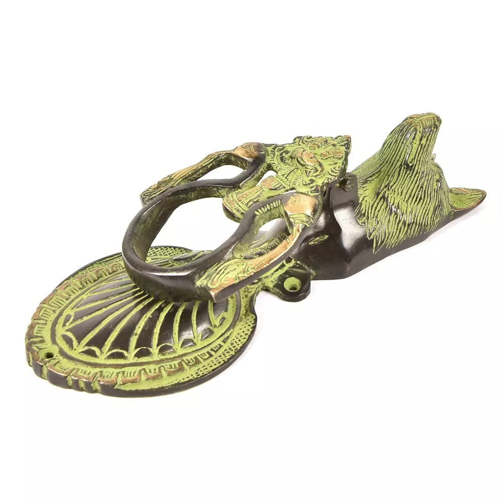 Antique Look Patina Brass Wolf Atop Two Peacock Door Knocker Door Bell