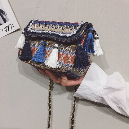 Celela Versatile Small Bag Women's Woven Bag Tassel Chain Shoulder Bag Purse
