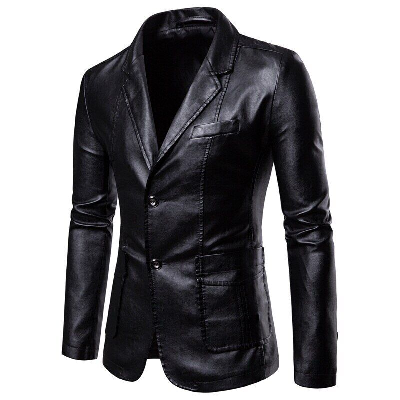 2022 Men's Lapel Leather Dress Suit Coat / Male Business Pu Jacket