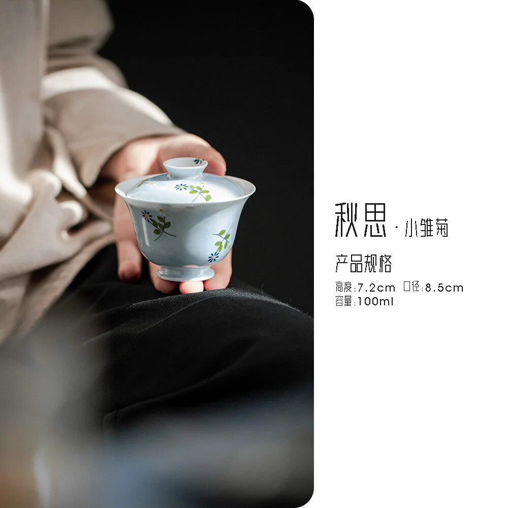 Hand-painted Daisy Gaiwan High Foot Tea Tureen Household Cover Bowl Tea Set