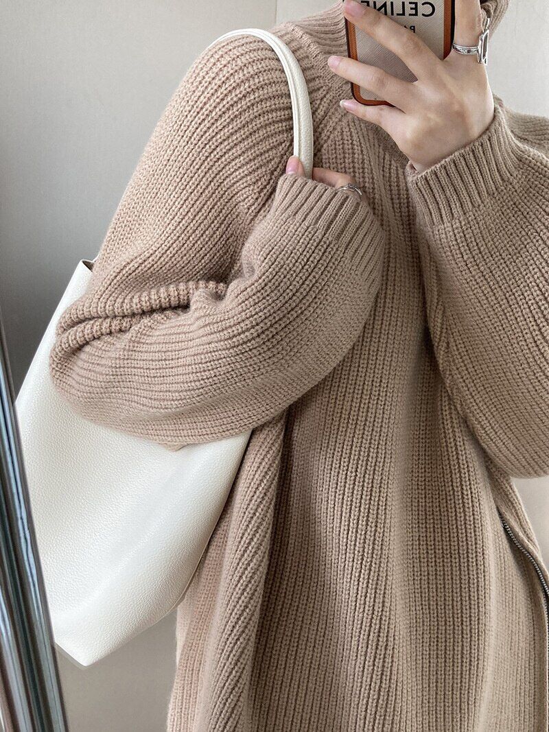 Women's Turtleneck Zipper Sweater Gray White Black High Neck Jumper