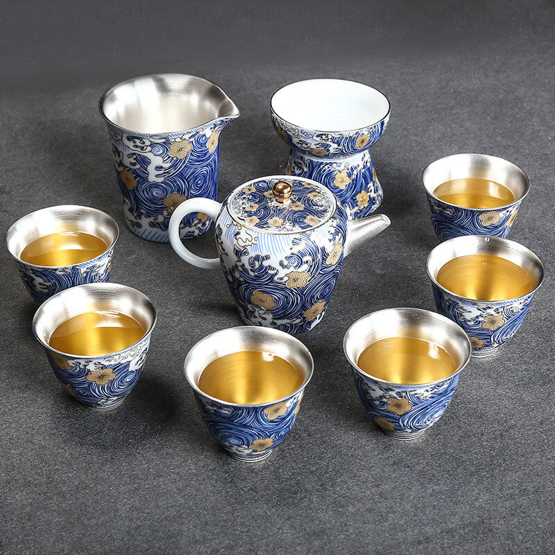 Handmade Teaset Pure Silver Teapot Matching Cup Pitcher Blue-and-white Porcelain