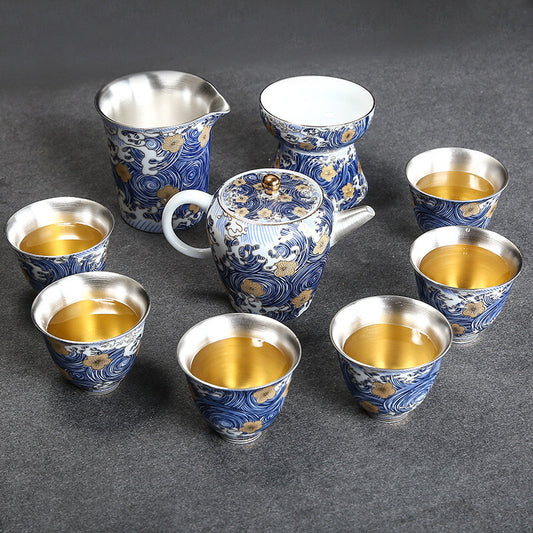 Handmade Teaset Pure Silver Teapot Matching Cup Pitcher Blue-and-white Porcelain