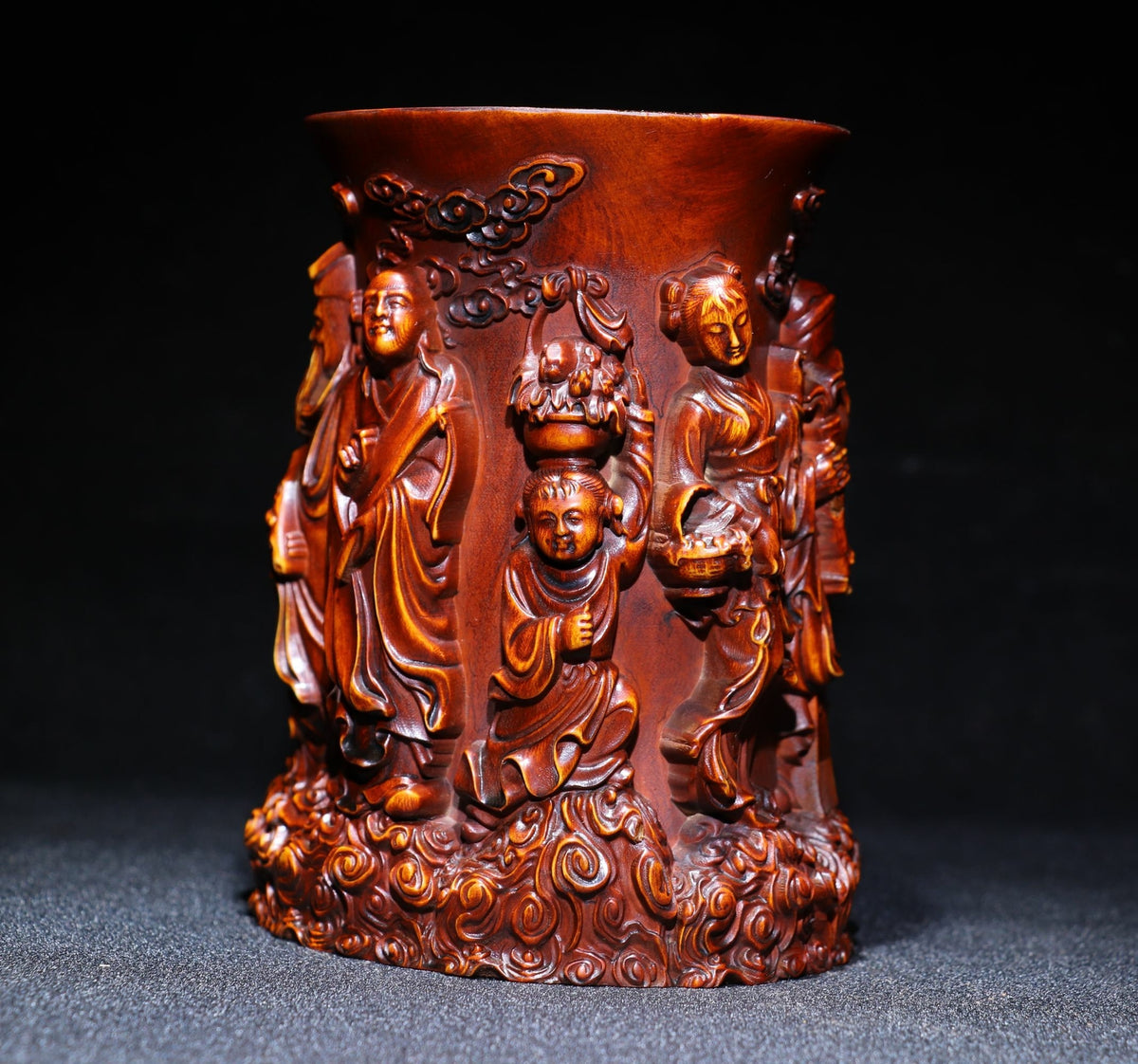 5.1" Chinese Natural Boxwood Hand Carved Eight Immortals Character Brush Pot