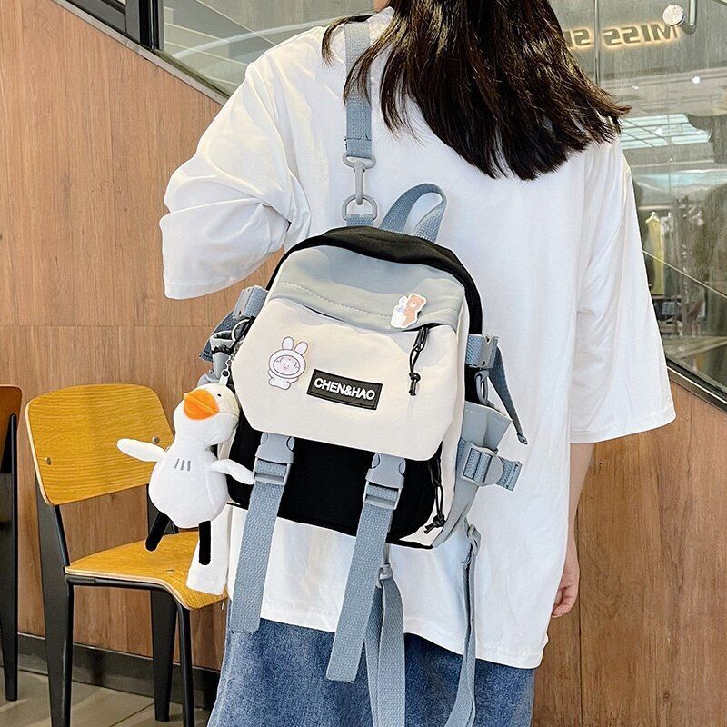Small Backpack Contrasting Color School Bags Waterproof Nylon Casual Schoolbags