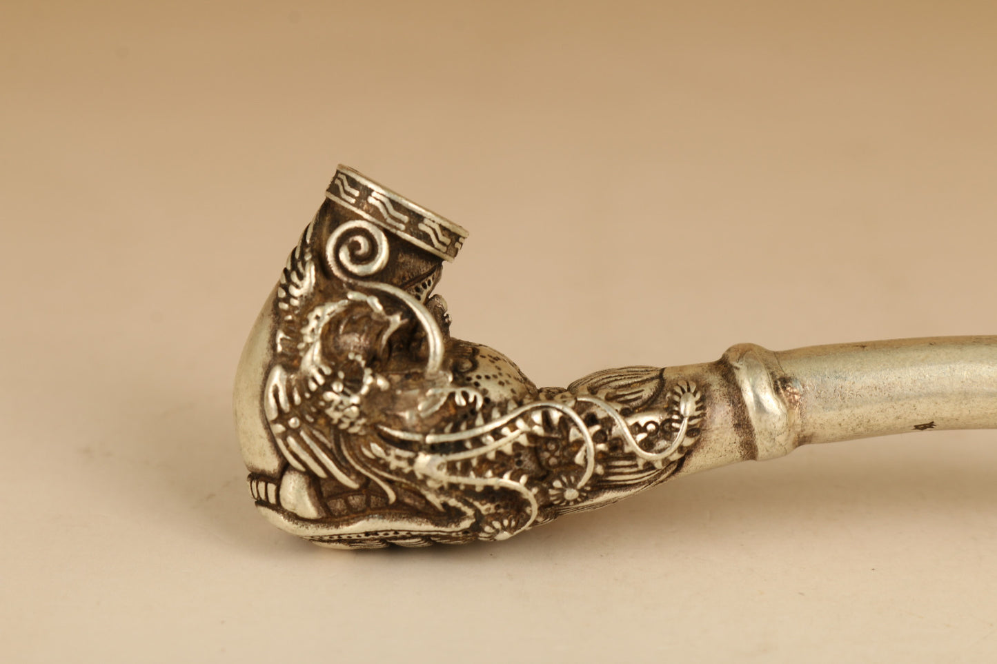 Rare Tibet Silver Copper Smoking Tool Statue Old Sacred Opening Dragon Head Pipe