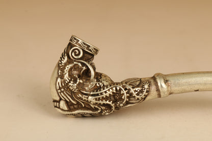 Rare Tibet Silver Copper Smoking Tool Statue Old Sacred Opening Dragon Head Pipe
