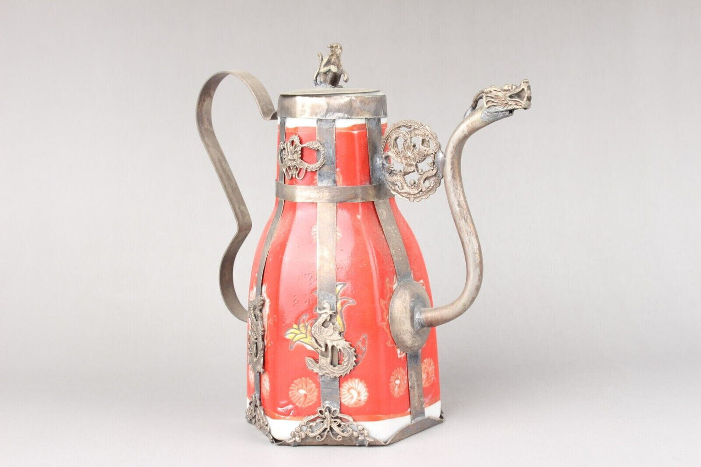 5.3" old Antique China Feng Shui Porcelain inlaid with Tibetan silver Teapot