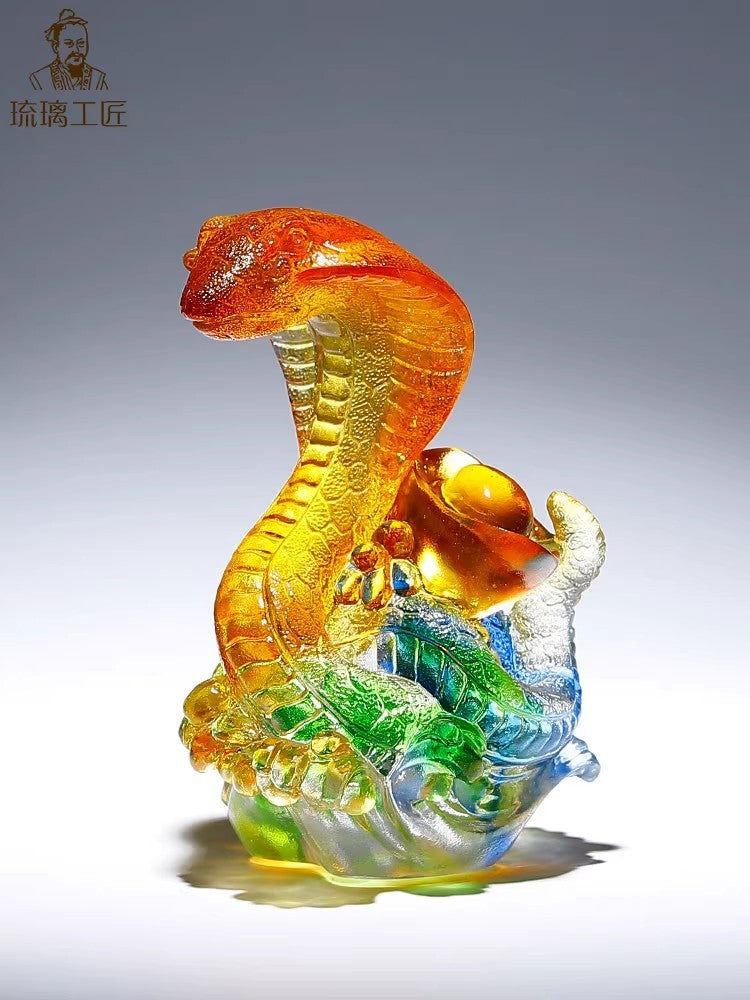 Real Chinese Liu Li Crystal Cobra Snake Statue Amulet Feng Shui Home Decor