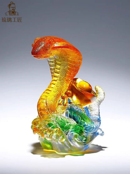 Real Chinese Liu Li Crystal Cobra Snake Statue Amulet Feng Shui Home Decor