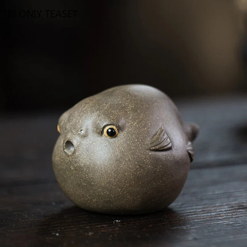Yixing Purple Clay Tea Pet Pufferfish Statue Ornaments Handmade Tea Figurine