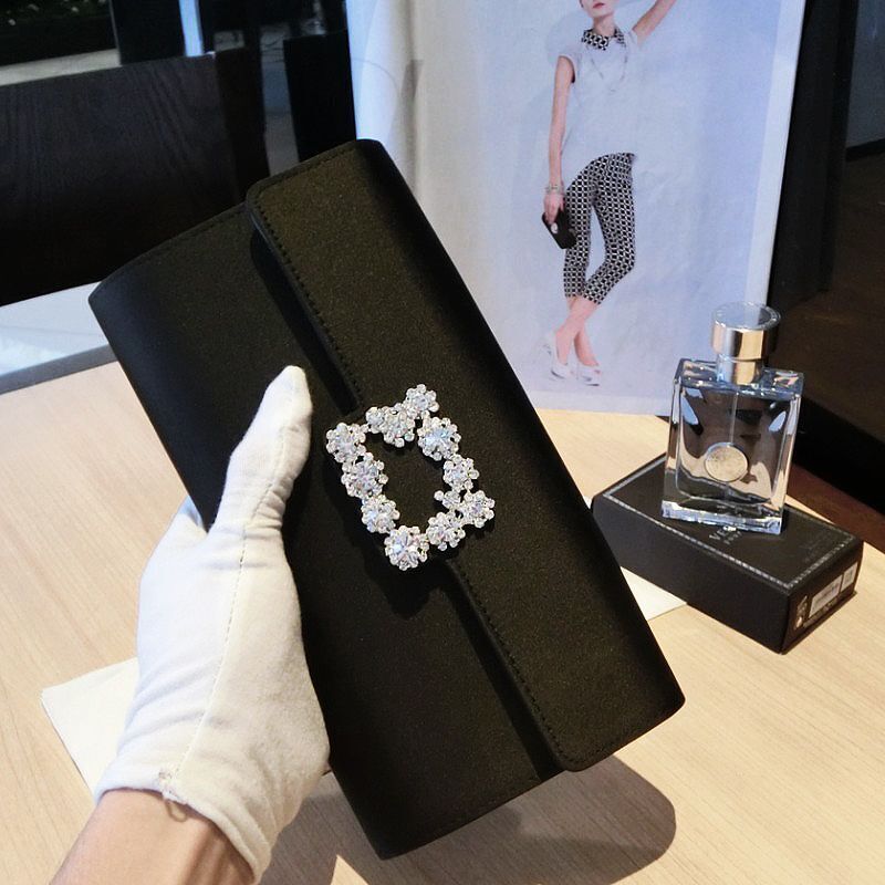 Women Black Evening Clutch Party Diamonds Shoulder Chain Purse Handbags Silk 1PC