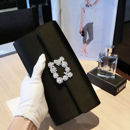 Women Black Evening Clutch Party Diamonds Shoulder Chain Purse Handbags Silk 1PC