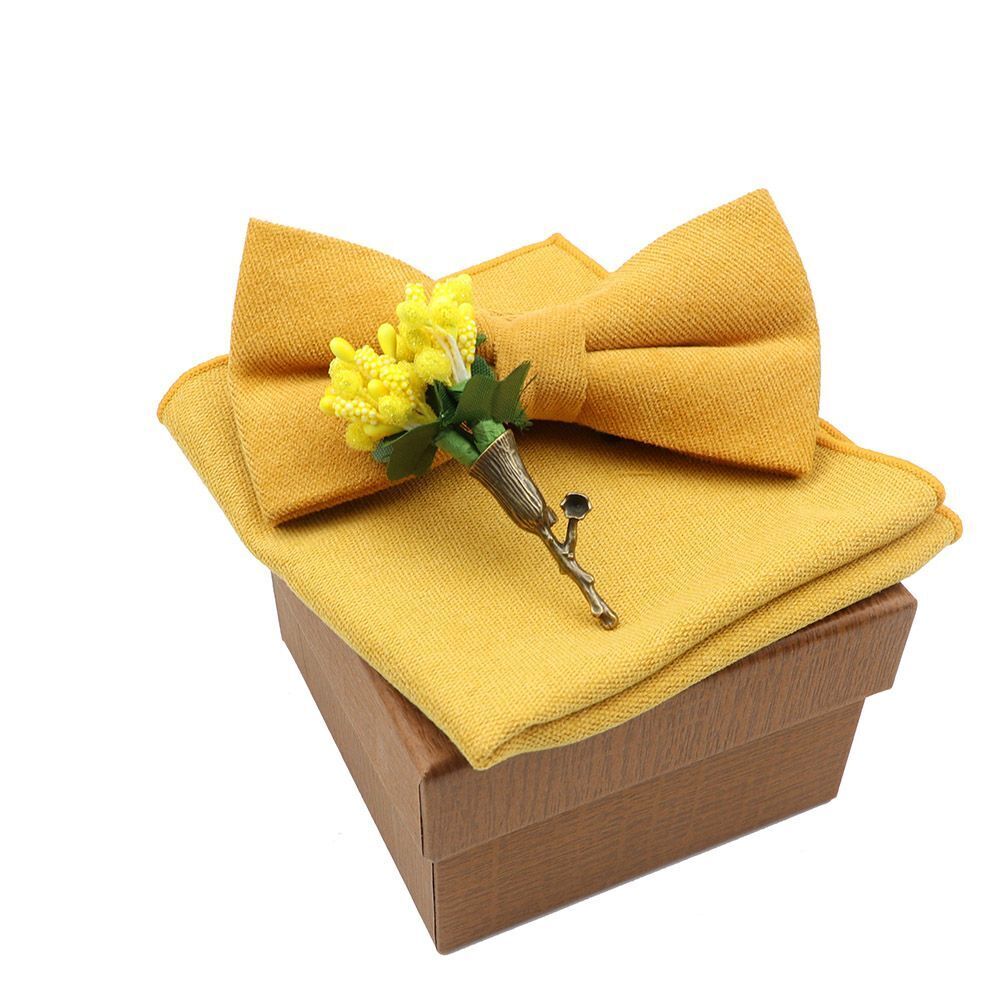 Men Bow Ties 3Pcs Cotton Handkerchief Flower Brooch Women Party Wedding Necktie