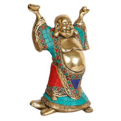 Feng Shui Laughing Buddha Standing on Tortoise Brass Statue Idol Home Decor