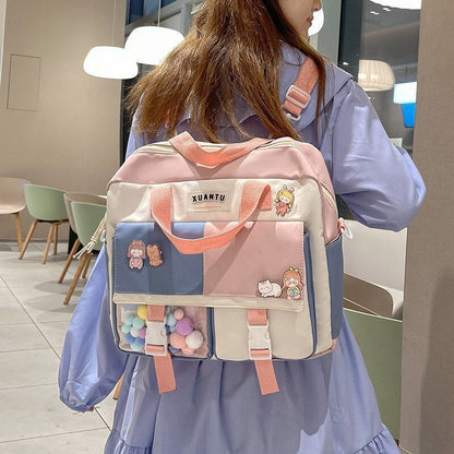 Contrast Color Backpack Multifunctional Nylon Fabric School Bag Purple/Pink/Blue