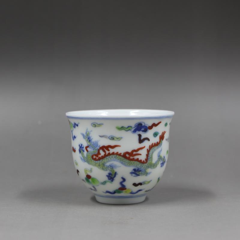 2.5" China Ming Blue White Doucai Contrasting Colors Porcelain Animal Dragon Cup