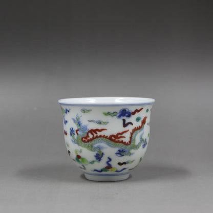2.5" China Ming Blue White Doucai Contrasting Colors Porcelain Animal Dragon Cup