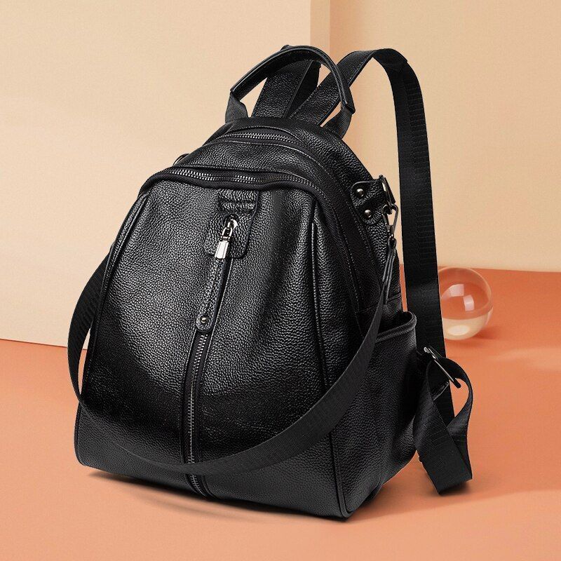 Black Backpack Genuine Leather Cowhide Bags Small Cute Traveling Luxury Softback