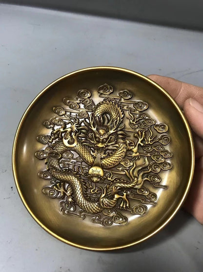 Fortune Chinese bronze dragon statue collectable tea pet plate home decor Art
