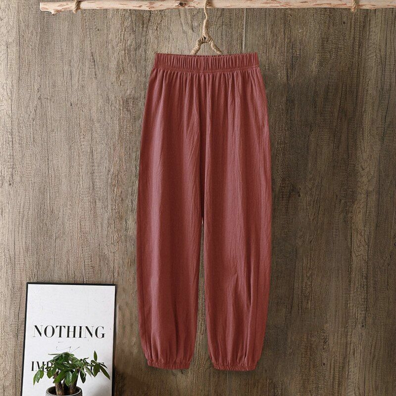 Pants Women Casual Cotton Linen Elastic Waist Solid Basic Retro Loose Trousers