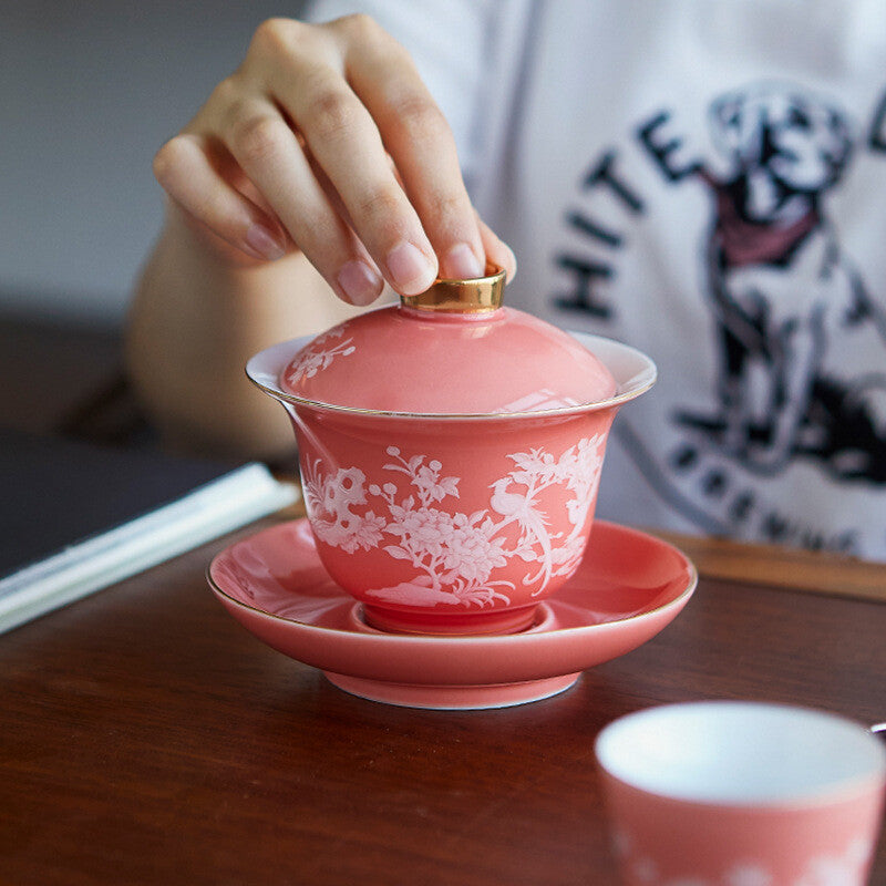 160ml Porcelain Gaiwan Flower Relief Sancai Bowl Saucer Ceramic Tureen Lid Gift