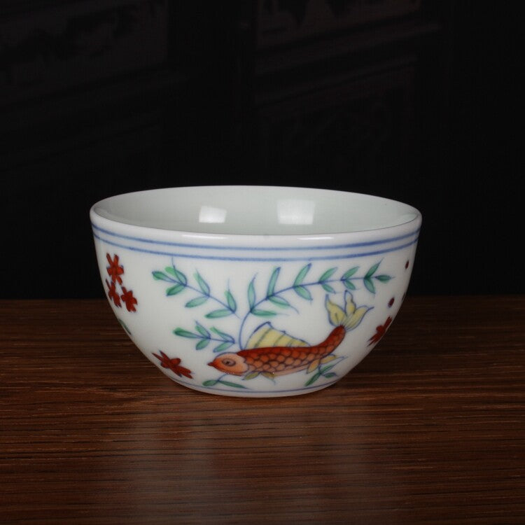 3.1" China Ming Blue White Doucai Contrasting Colors Porcelain Fish Algae Cup