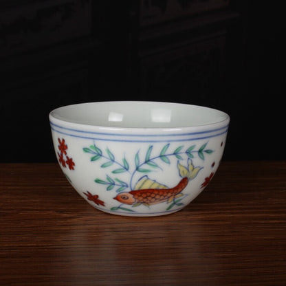 3.1" China Ming Blue White Doucai Contrasting Colors Porcelain Fish Algae Cup