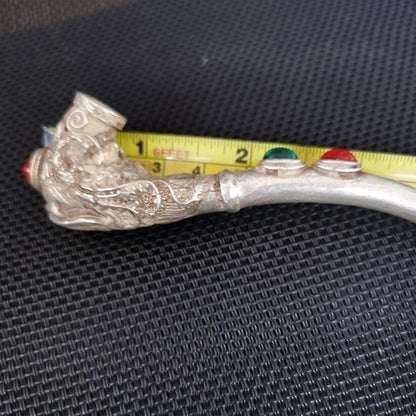 Old Chinese tibet hand-carved Dragon phoenix inlay gem pipe Smoking tools