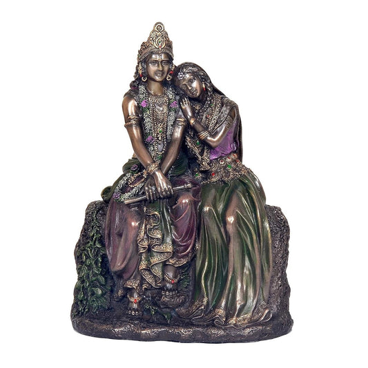 Resin Radha Krishna Sitting on Rock Figurine Statue Sculpture Idol