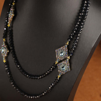 Vintage Multi Layer Black Bead Necklace Earrings Set Gold Plated Crystal