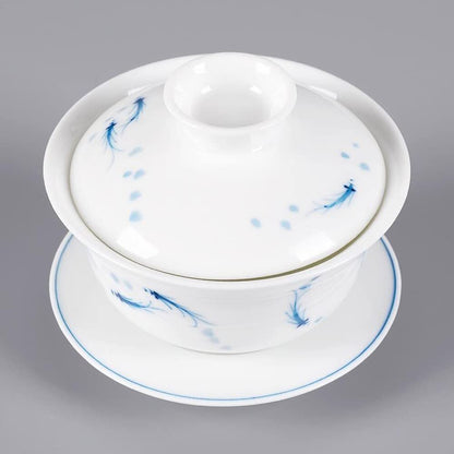150ml Fish Painted Gaiwan Teacup Blue White Porcelain Teabowl Ceramic Tea Set