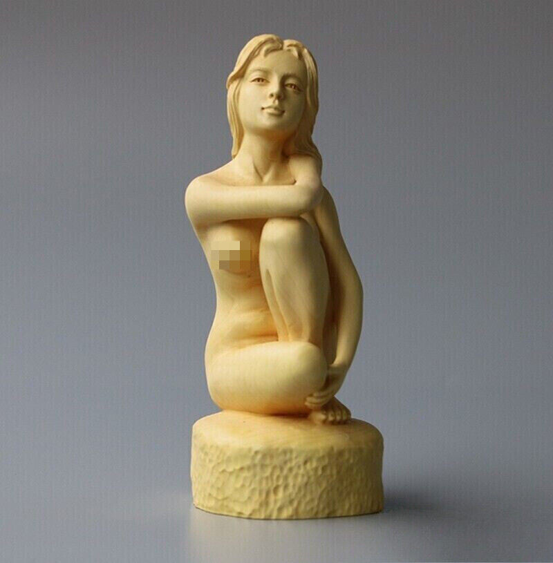 Chinese Naked Seating Model Girl Statue Boxwood Carved Beauty Figure Art Deco