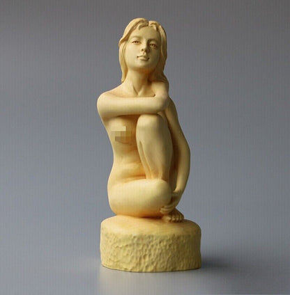 Chinese Naked Seating Model Girl Statue Boxwood Carved Beauty Figure Art Deco