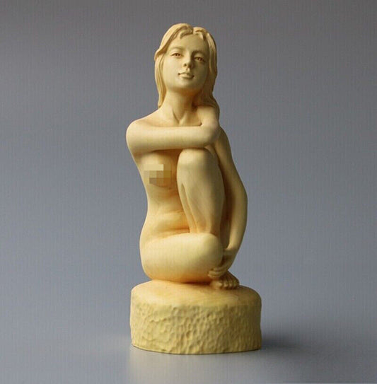 Chinese Naked Seating Model Girl Statue Boxwood Carved Beauty Figure Art Deco
