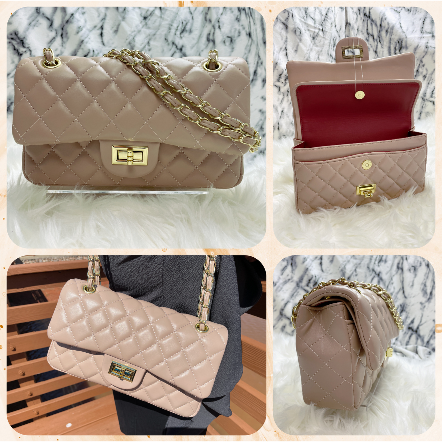 Women Classic Quilted Double Flap Shoulder Crossbody Leather Bag