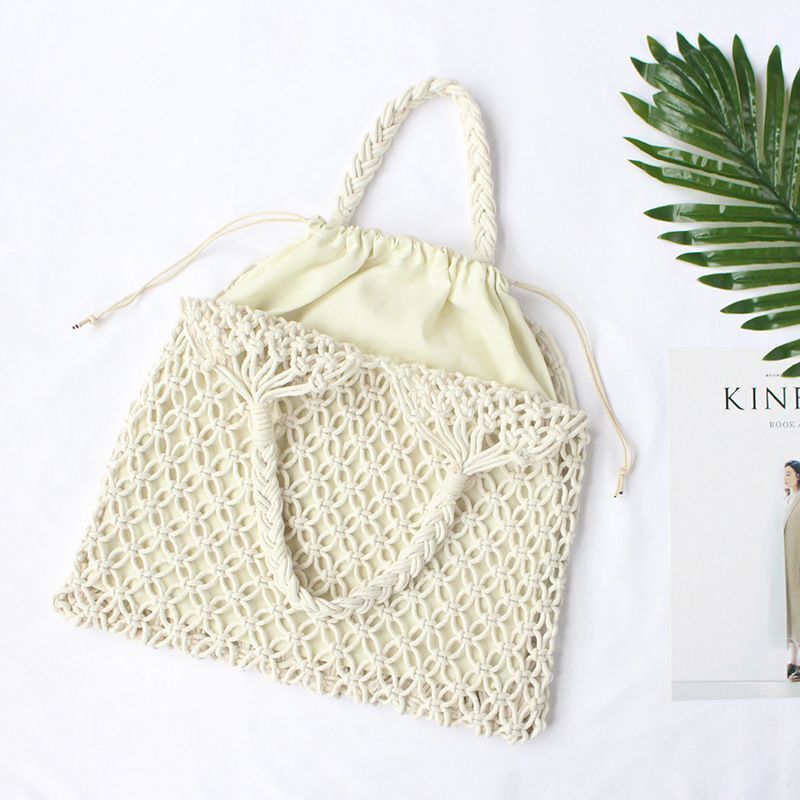 Summer Woven Beach Bag Handmade Hollow Out Straw Bag Tote Cotton Rope Crochet