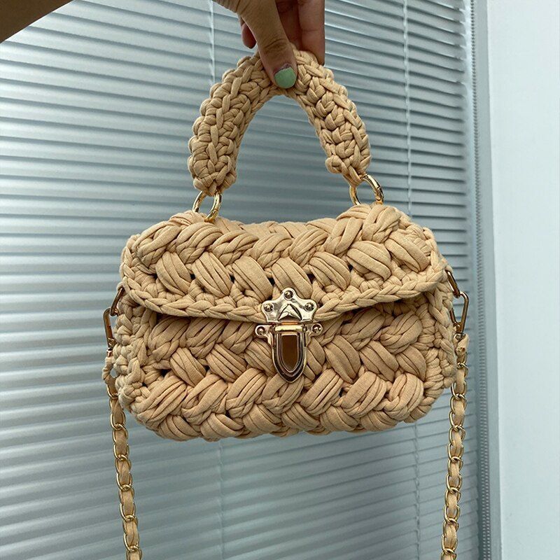 Knitting Bag Woolen Yarn Handmade Woven Handbag Square Crochet Purse 18*5*13 CM