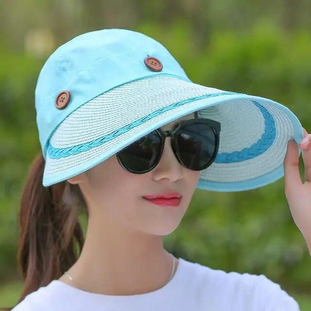 Women Large Brim Floppy Hat Wide Straw Button Caps Summer Beach Sun Visor Hats